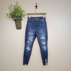 AE 2 American Eagle Curvy Hi Rise Jegging Skinny Dream Jeans Distressed Frayed